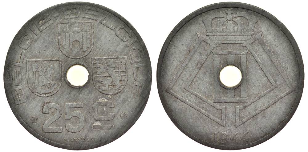 БЕЛЬГИЯ 25 САНТИМОВ 1944 BELGIE-BELGIQUE, ГЕРМАНСКАЯ ОККУПАЦИЯ, ВТОРАЯ МИРОВАЯ ВОЙНА KM 132 цинк 27-945