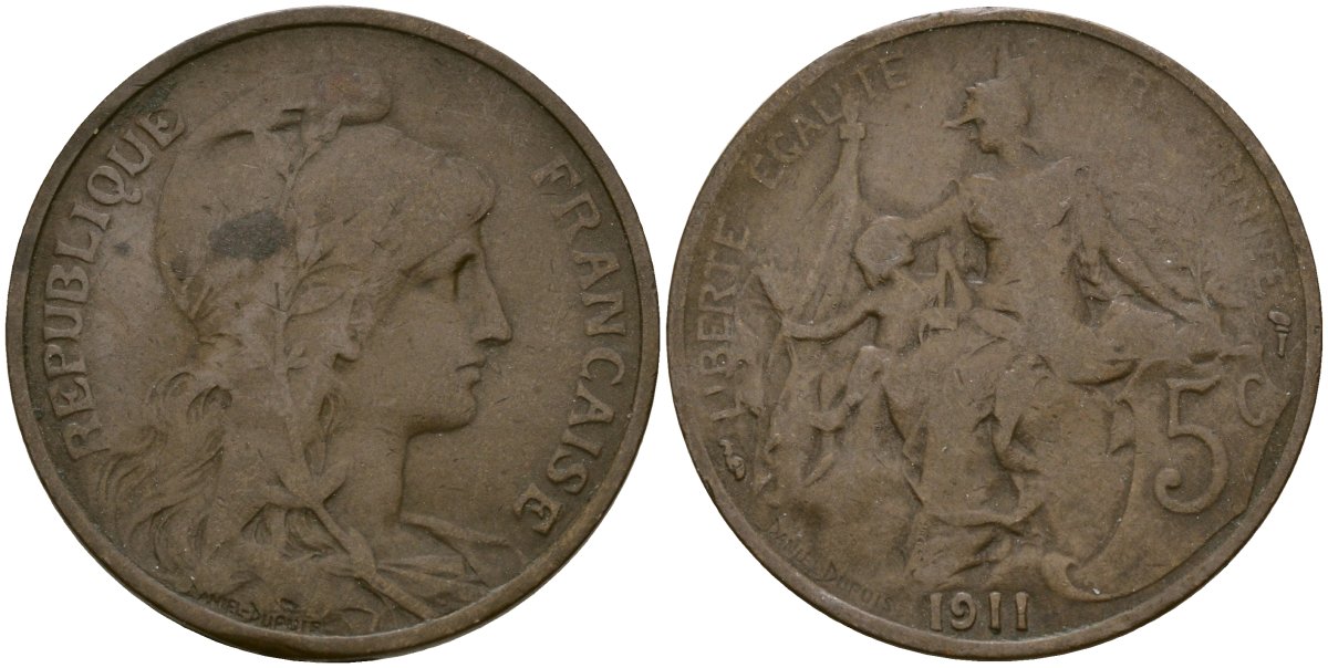 Франция 5 сантимов 1911 KM 842, Le Franc 119.5 бронза 51-1257