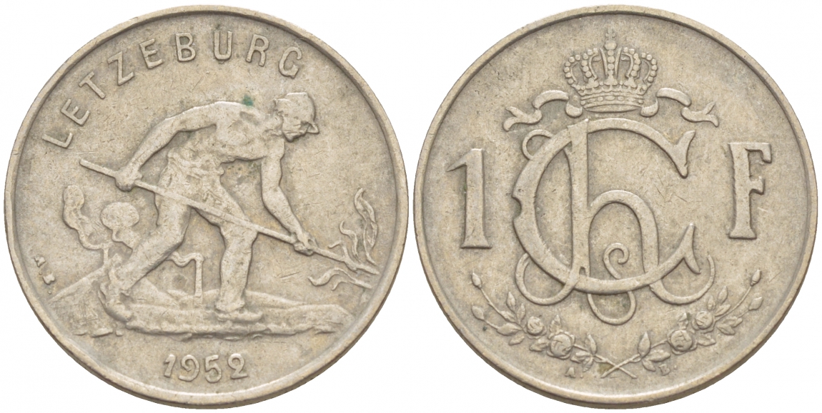 ЛЮКСЕМБУРГ 1 ФРАНК 1952 СТАЛЕВАР KM 46.2 медно-никель 4548-1037