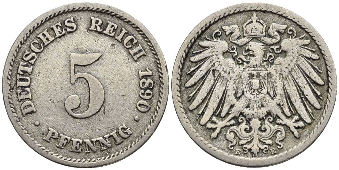 ГЕРМАНИЯ 5 ПФЕННИГОВ 1890 E KM 11, Jager 12, Weege 6 медно-никель 4547-321