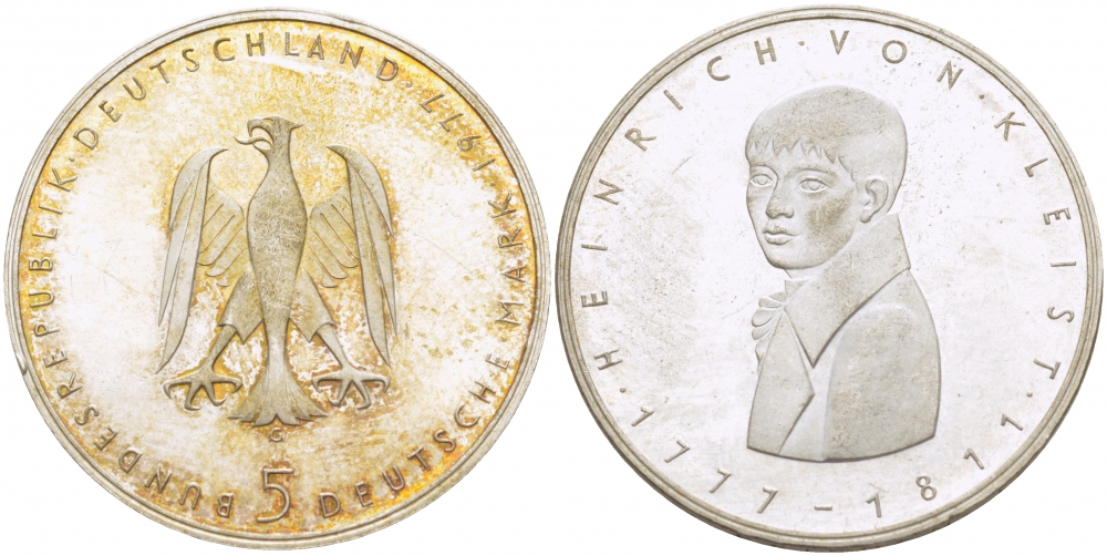 ФРГ 5 марок 1977 G, 200 лет со дня рождения Генриха фон Клейста KM 146, J. 421 серебро UNC 3996-413