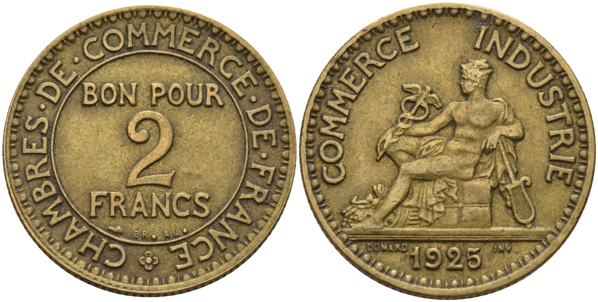 Франция 2 франка 1925 Третья республика (1871-1940) KM 877, Le Franc 267.7 алюминиевая бронза 4144-323