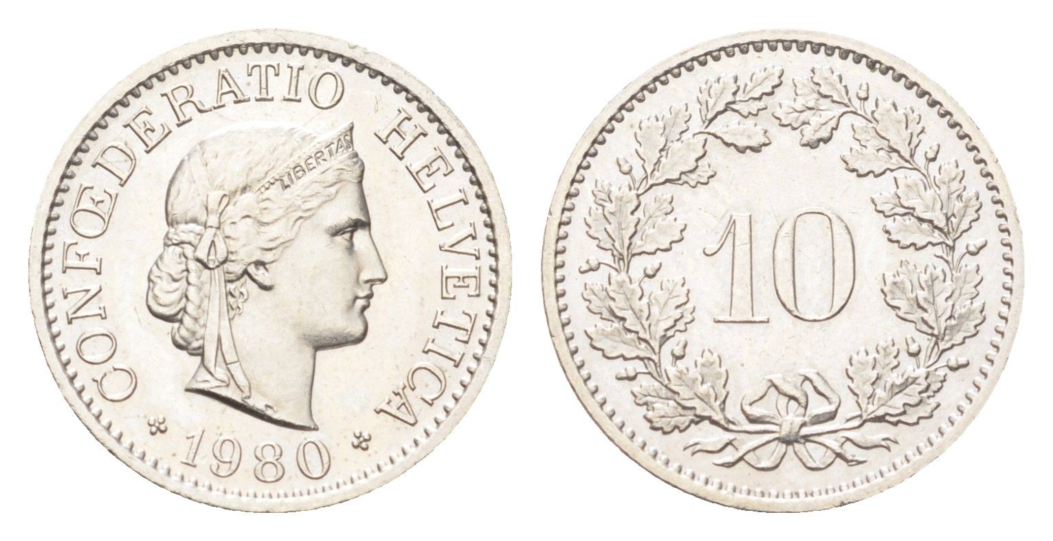 Швейцария 10 раппенов 1980 KM 27 медно-никель 4708-225