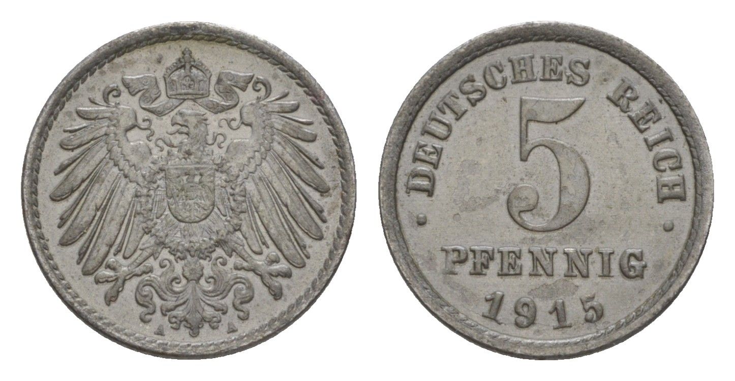 Германия 5 пфеннигов 1915 A, Вильгельм II (1888-1918) KM 19, J. 297 железо плакированное цинком 4644-1112