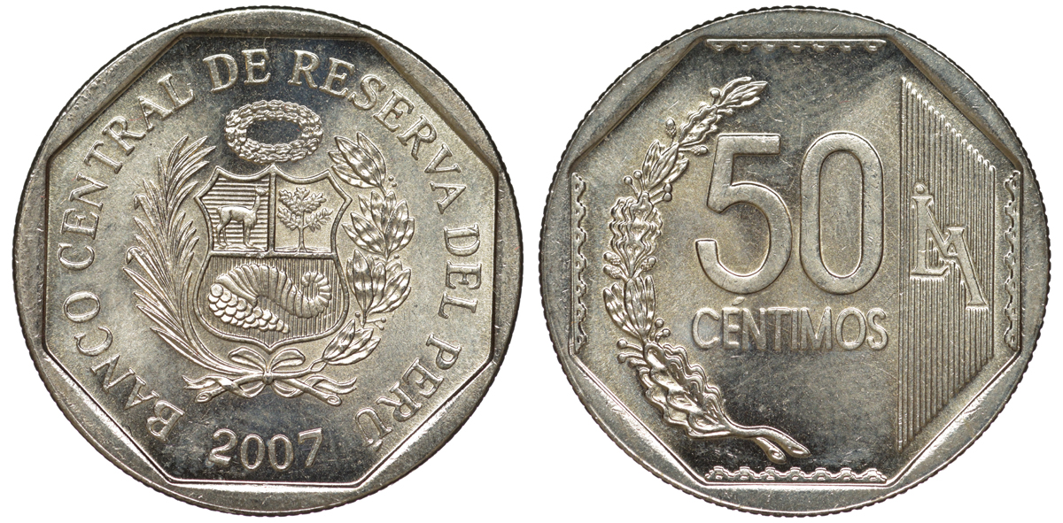 Перу 50 сентимо 2007 KM 307.4 медно-никель aUNC 4605-317