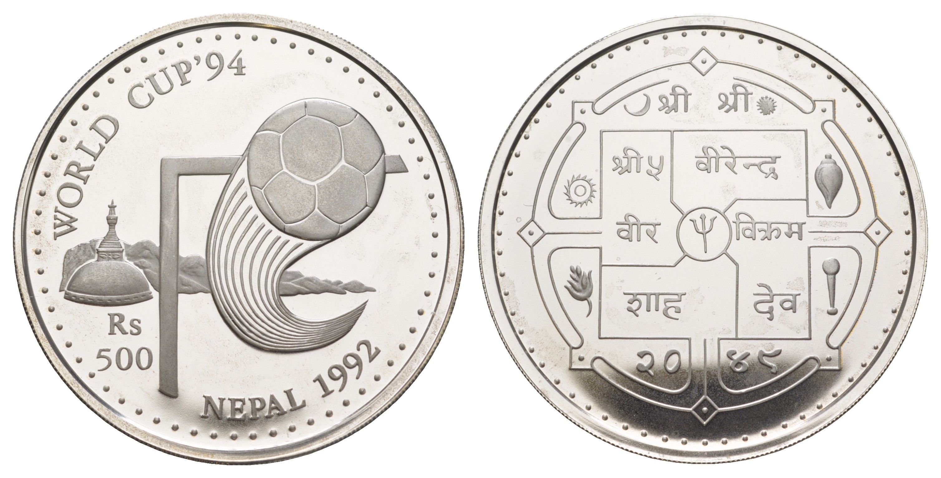 Непал 500 рупий 1992 Чемпионат мира по футболу 1994, США KM 1069 серебро PROOF 1079-9-42