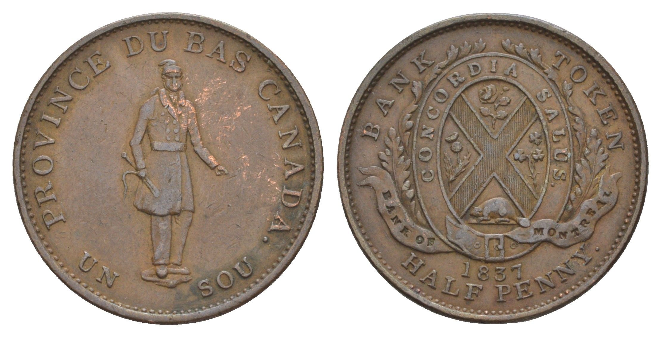 Канада, Нижняя Канада банковский токен 1/2 пенни (1 су) 1837 Bank of Montreal KM Tn9, CCT LC-8D медь 1518-1321