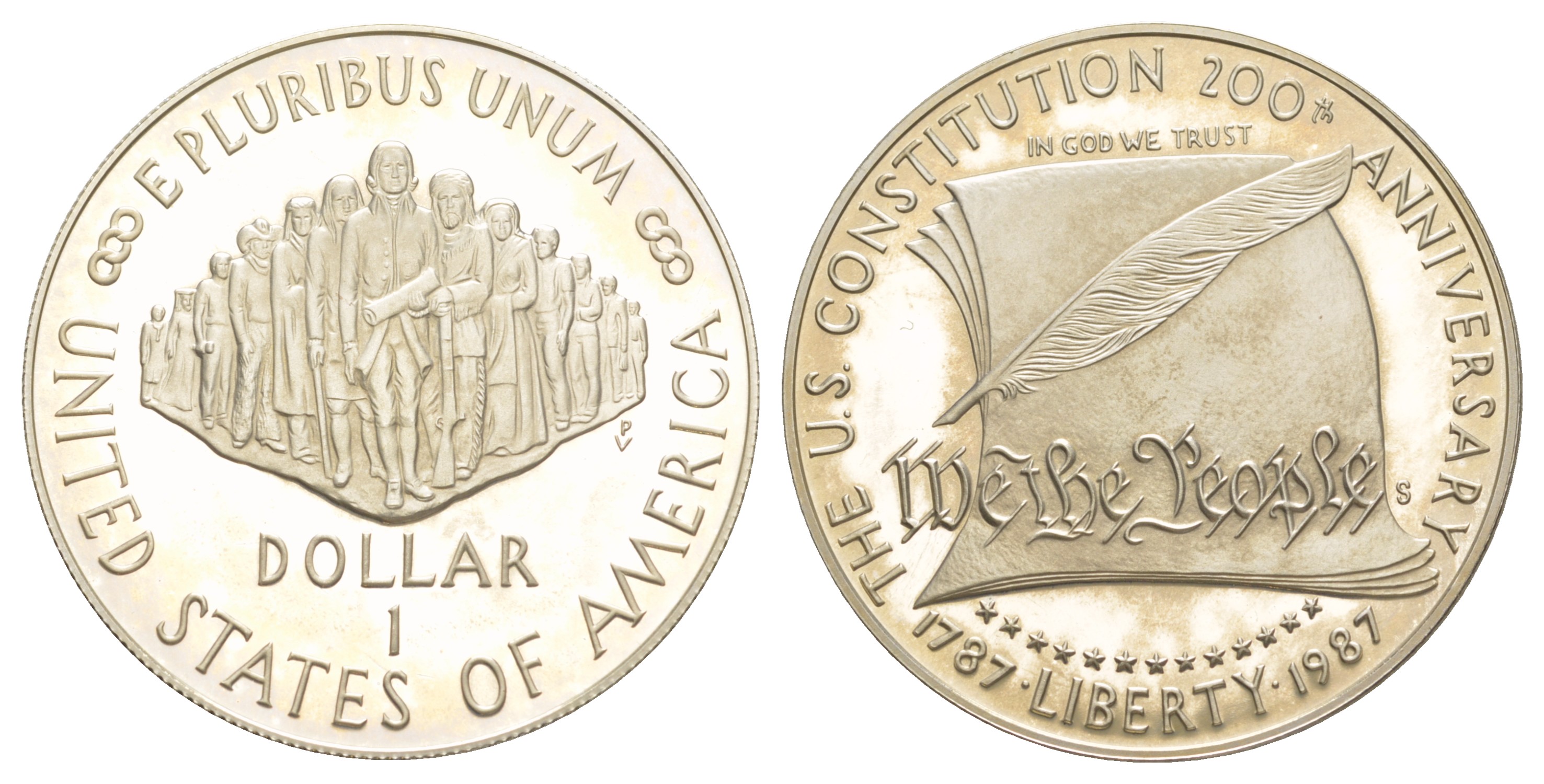 США 1 доллар 1987 S, 200 лет конституции США, в оригинальной коробке KM 220 серебро  PROOF  8-2-04-20