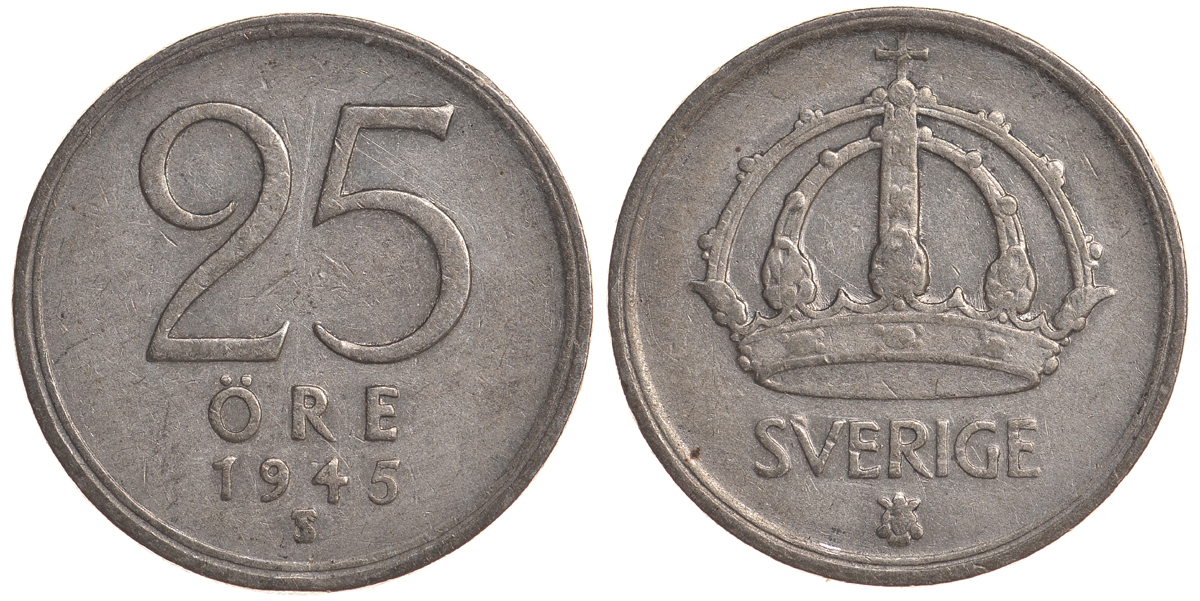 Швеция 25 эре 1945 TS, Густав V (1907-1950) KM 816 серебро 4179-858
