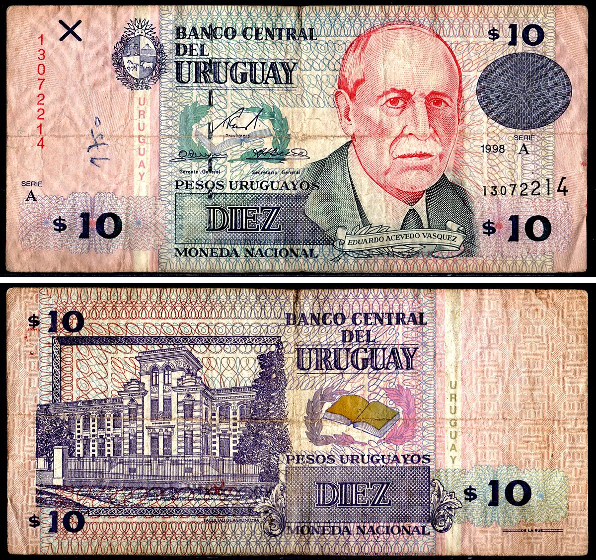 Уругвай 10 песо 1998 Pick 81 бумага 3295-86-1-2