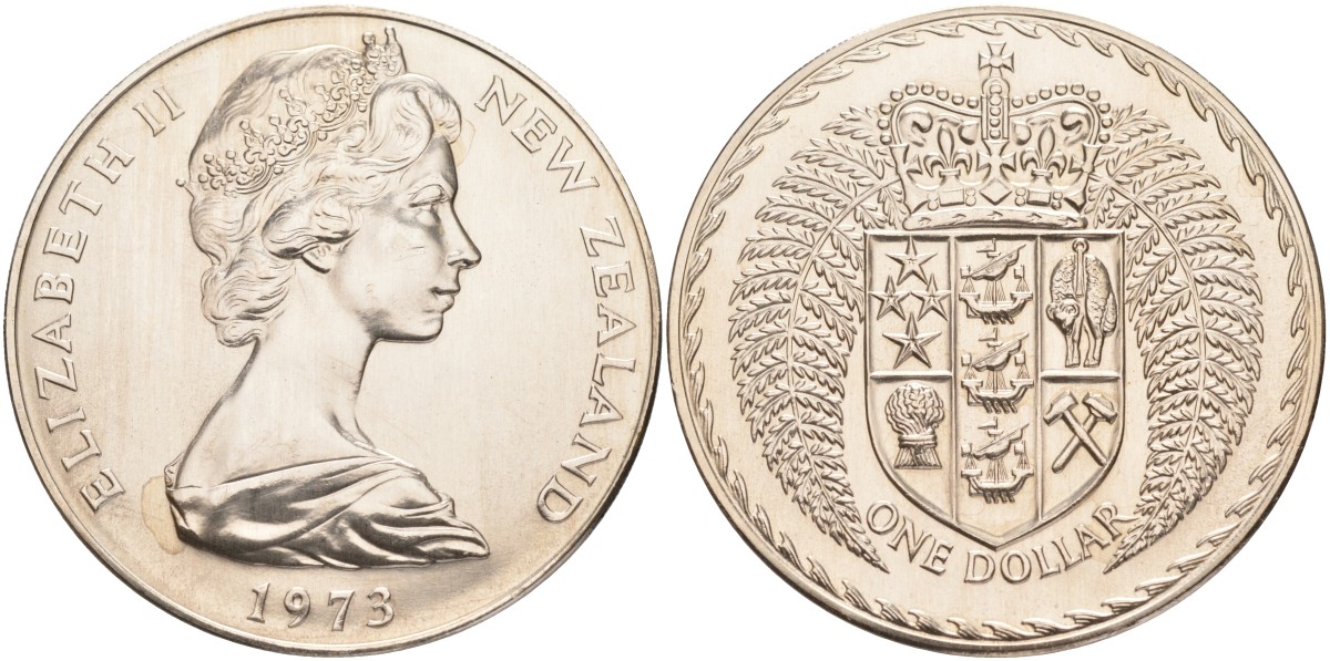 Новая Зеландия 1 доллар 1973 герб Новой Зеландии, Елизавета II (1952-2022) KM 38.2 медно-никель UNC 4552-1122