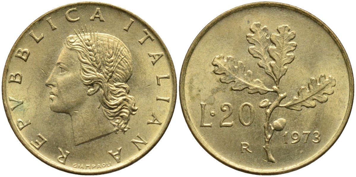 Италия 20 лир 1973 R, дубовая ветвь KM 97.2 алюминиевая бронза 4171-922