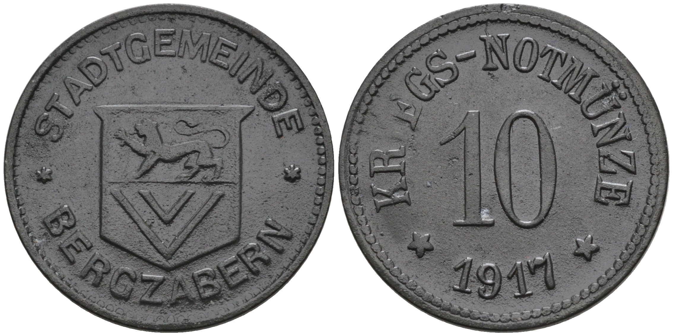 Бергцаберн 10 пфеннигов 1917 Funck 37.2, Men05 1804.2, Men18 2333.2 цинк     75-1663