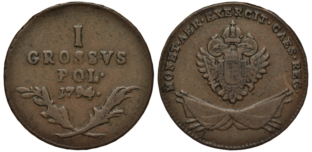 Священная Римская империя, Королевство Галиции и Лодомерии 1 грош 1794 Франц II (1768-1835), вес 3,28 гр. KM 4 медь 1516-1041