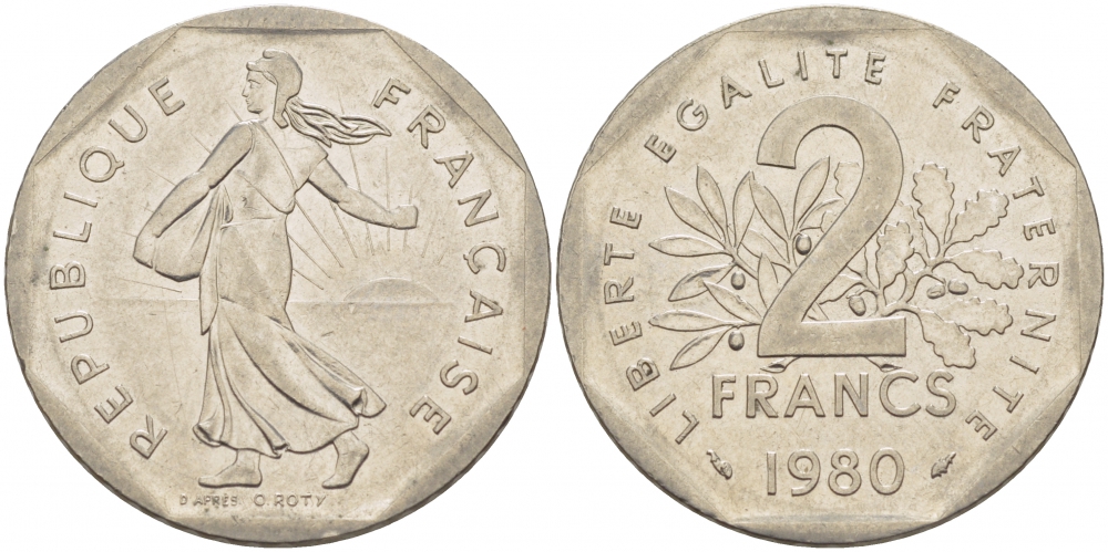 ФРАНЦИЯ 2 ФРАНКА 1980 СЕЯТЕЛЬ KM 942.1, LE FRANC 272.4 никель 213-1225