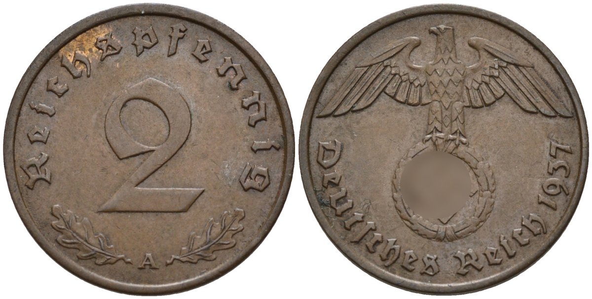 Германия 2 рейхспфеннига 1937 A KM 90, J. 362 бронза 4147-1254