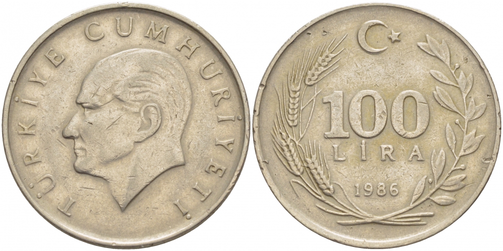 ТУРЦИЯ 100 ЛИР 1986 KM 967 медь никель цинк 4403-131