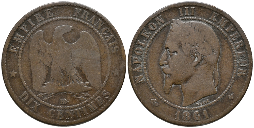 ФРАНЦИЯ 10 САНТИМОВ 1861 ВВ, НАПОЛЕОН III (1852-1870) KM 798.2, LA FRANC 134.3 бронза 32-1022