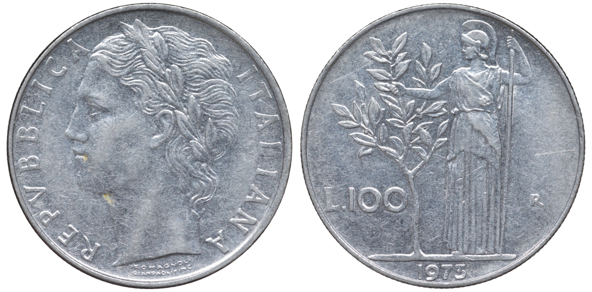Италия 100 лир 1973 R KM 96.1 нержавеющая сталь 4144-112