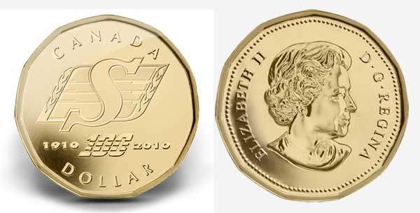 Канада 1 доллар 2010 100 лет футбольной команде "Саскачеван Рафрайдерс" KM 1046 никель плакированный бронзой UNC M45-19