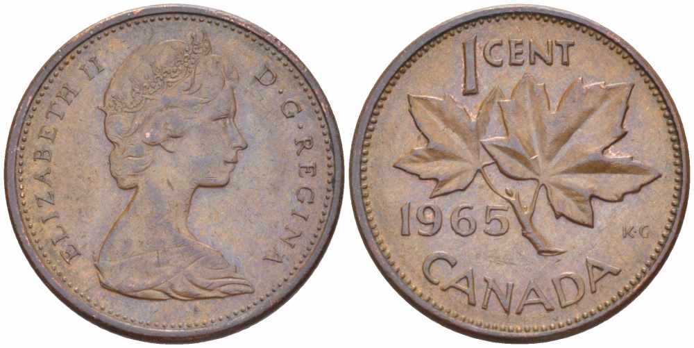 Канада 1 цент 1965 Елизавета II (1952-2022), кленовый лист KM 59.1 бронза 105-534