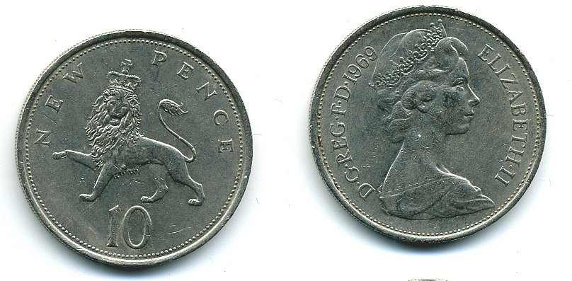 Великобритания 10 пенсов 1969 Елизавета II (1952-2022) KM 912, Spink 4231 (F1) медно-никель  4110-1145