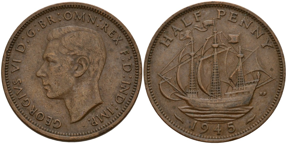 Великобритания 1/2 пенни 1945 Георг VI (1936-1952) KM 844, Spink 4115 бронза 4159-747