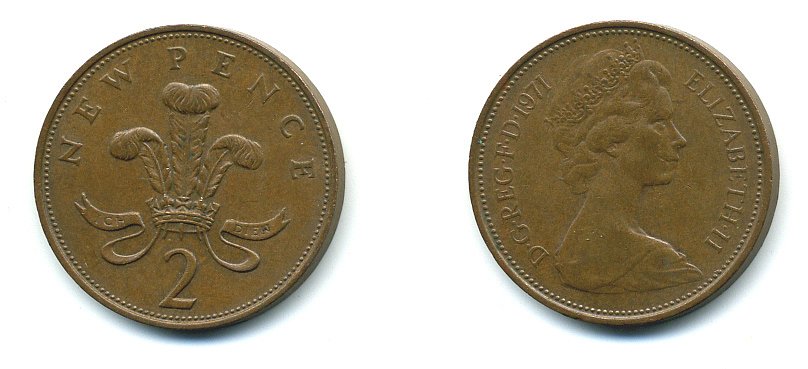 Великобритания 2 пенса 1971 Елизавета II (1952-2022) КМ 916, Spink 4235 (C1) бронза 4110-617