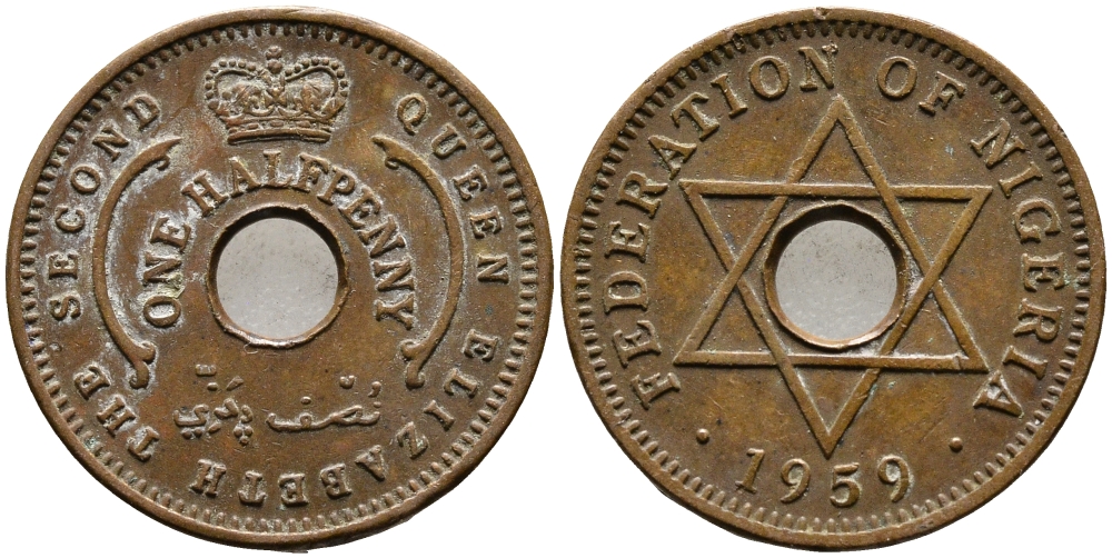 Нигерия 1/2 пенни 1959 Елизавета II (1952-), Британский протекторат KM 1 бронза 4387-148
