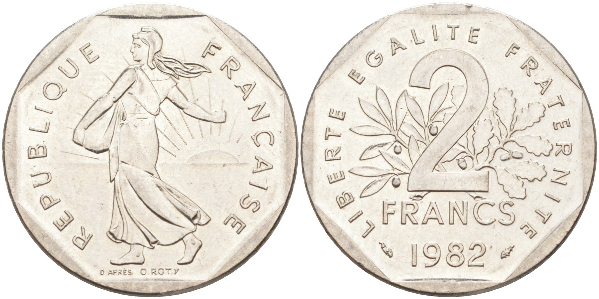Франция 2 франка 1982 сеятель KM 942.1, Le Franc 272.6 никель UNC 4395-1014