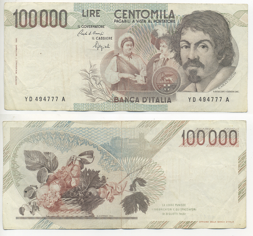 Италия 100000 лир 1983 Караваджо, фруктовый букет, подпись Speziali Pick 110b бумага 7220-14-1