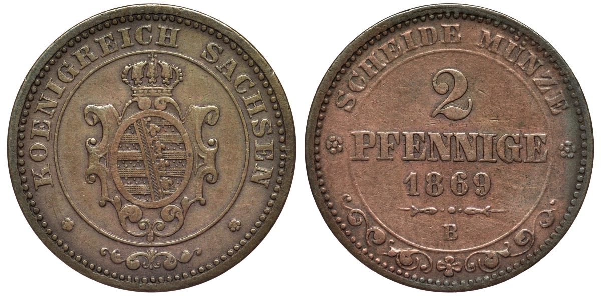 Саксония 2 пфеннига 1869 В, Иоганн (1854-1873) KM 1217, Jaeger 121, AKS 155 медь 75-1123