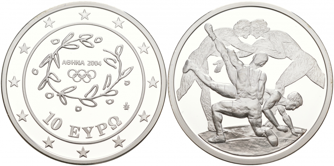 Греция 10 евро 2004 XXVIII летние Олимпийские игры 2004 года в Афинах, борьба KM 203 серебро PROOF 02-035-11