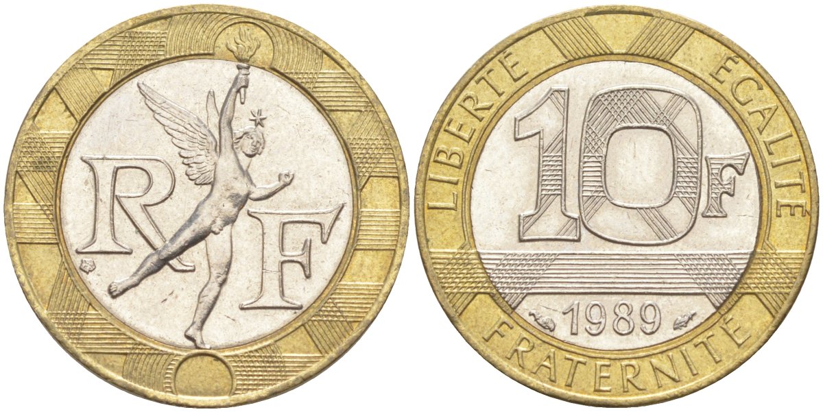 Франция 10 франков 1989 тип Гений Бастилии KM 964.1, Le Frank 375.3 биметалл 4519-211