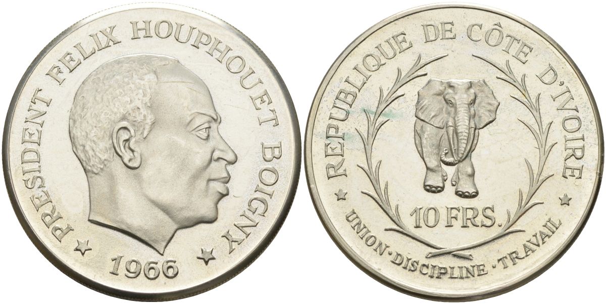 Берег Слоновой Кости 10 франков 1966 Президент Феликс Уфуэ-Буаньи, слон KM 1 серебро PROOF 1098-4-42