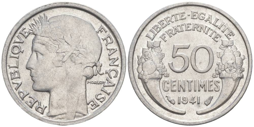ФРАНЦИЯ 50 САНТИМОВ 1941 ТИП MORLON LOURDE KM 894.1a, LE FRANC 193.2 алюминий 44-226
