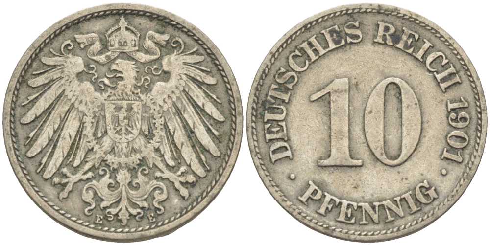 ГЕРМАНИЯ 10 ПФЕННИГОВ 1901 E KM 12, J. 13 медно-никель 4401-1225