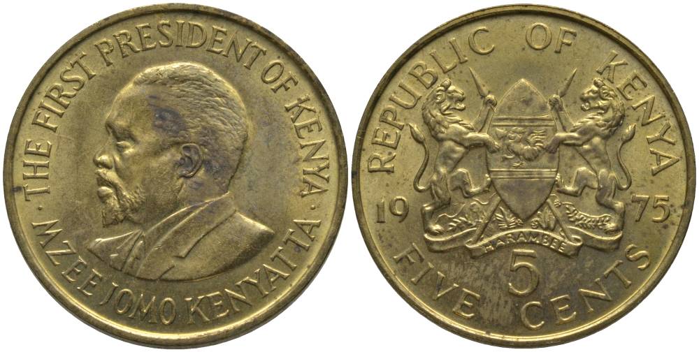 Кения 5 центов 1975 Джомо Кениата KM 10 никель латунь UNC 181-533