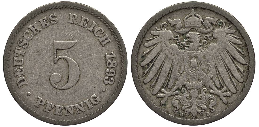 ГЕРМАНИЯ 5 ПФЕННИГОВ 1893 D KM 11, Jager 12, Weege 6 медно-никель 4547-334