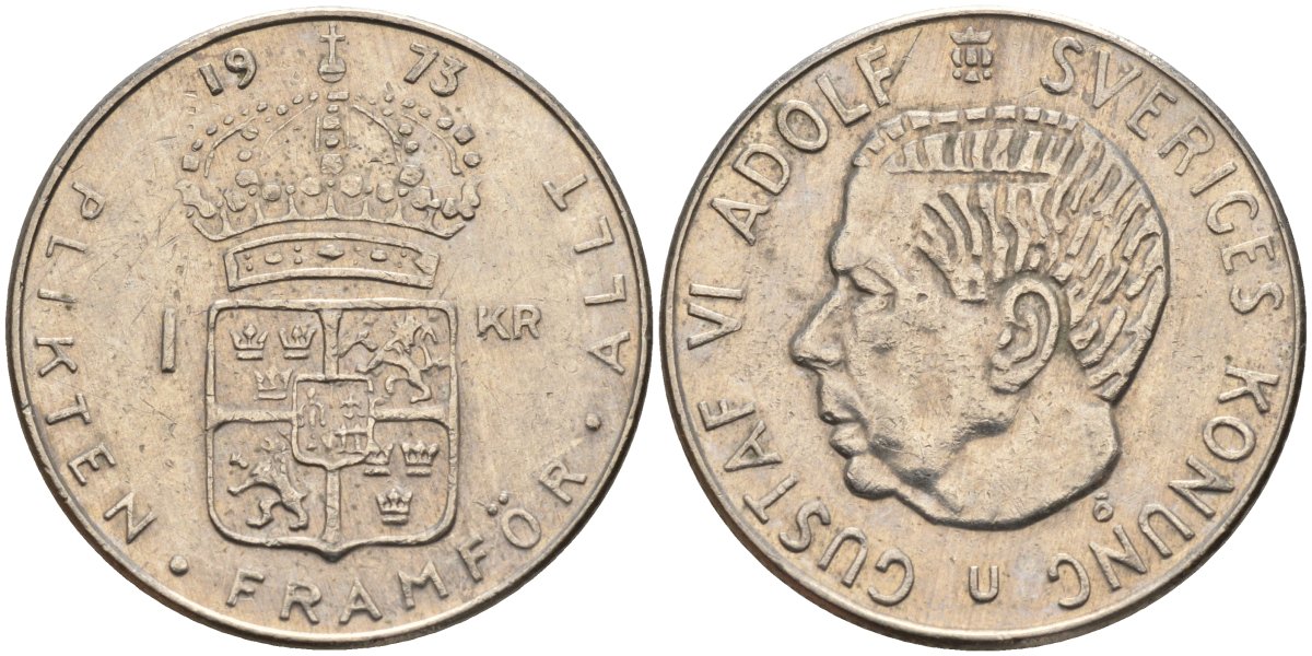 Швеция 1 крона 1973 U, Густав VI Адольф (1950-1973) KM 826a медь плакированный медно-никелем 4150-345