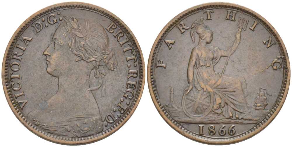 Великобритания 1 фартинг 1866 Виктория (1837-1901) KM 747.2, Spink 3958 бронза 441-1332