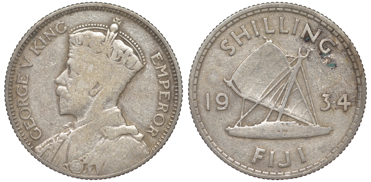 Фиджи 1 шиллинг 1934 Георг V (1910-1936), парусник KM 4 серебро    91-1013