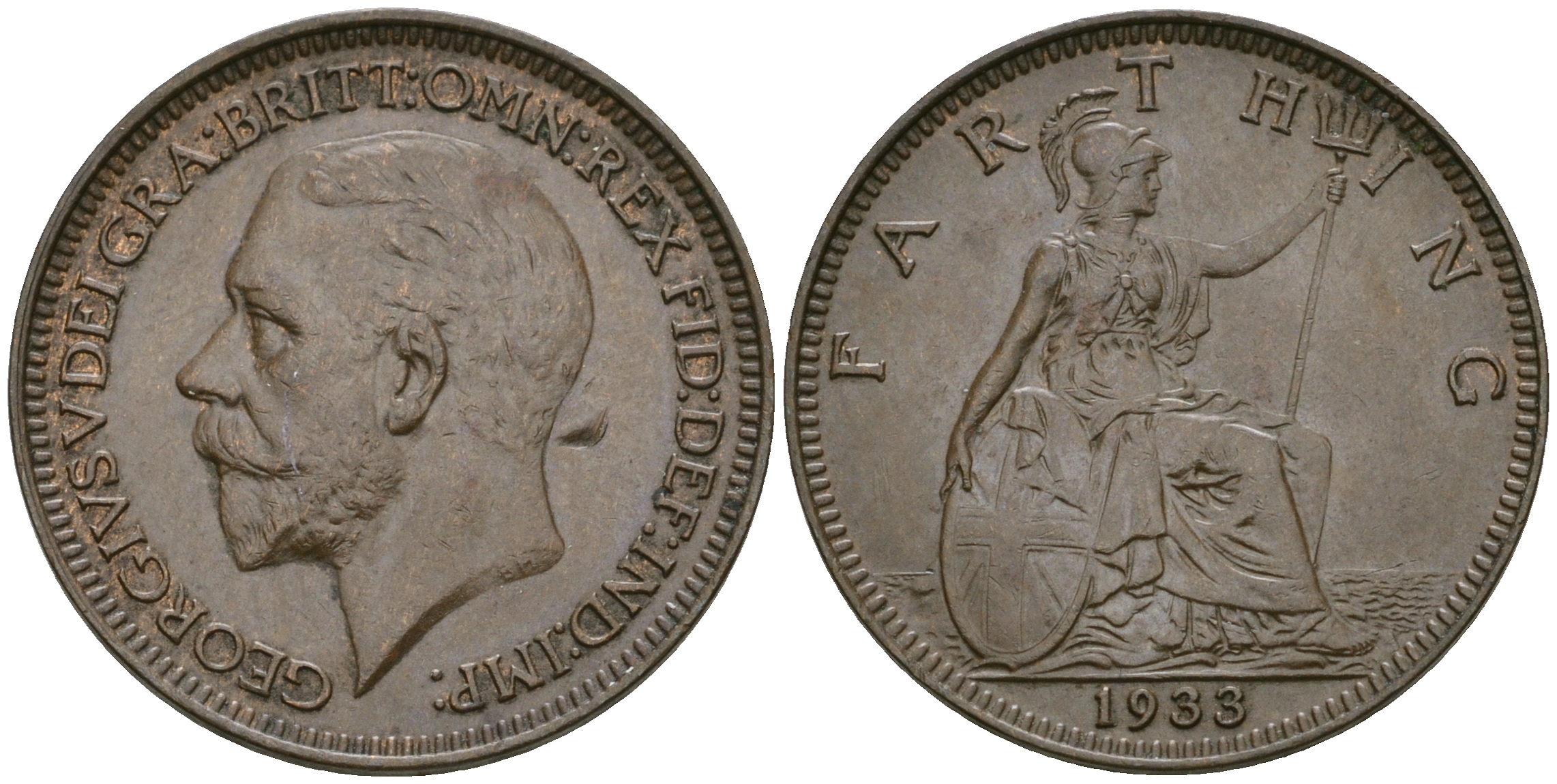 Великобритания 1 фартинг 1933 Георг V (1910-1936) KM 825, Spink 4061 бронза 4608-938