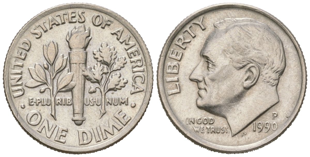 США 10 центов (дайм) 1990 P, президент Рузвельт KM 195a медь плакированная медно-никелем UNC 218-112