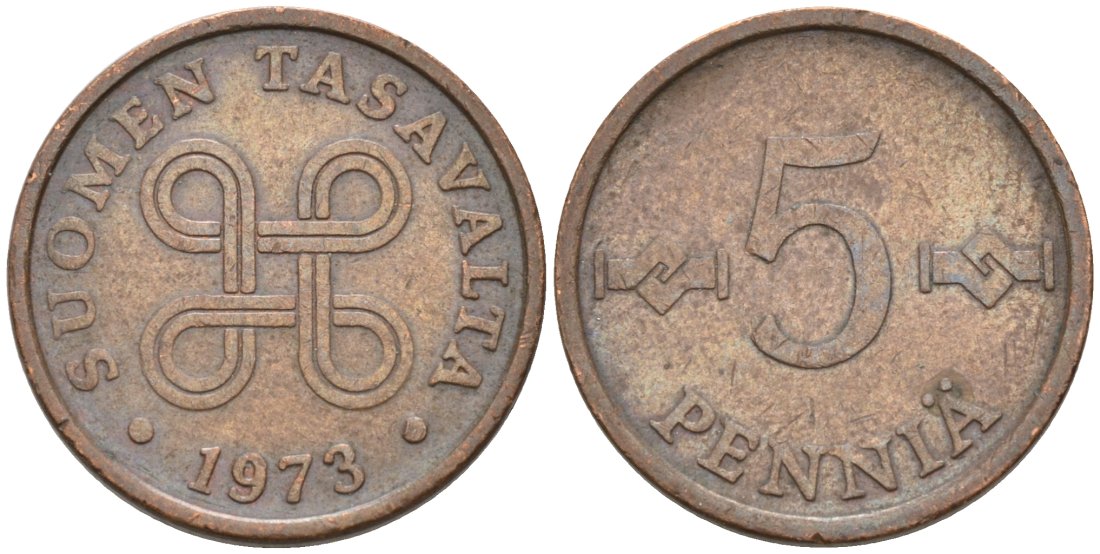 ФИНЛЯНДИЯ 5 ПЕННИ 1973 KM 45 медь 4567-655