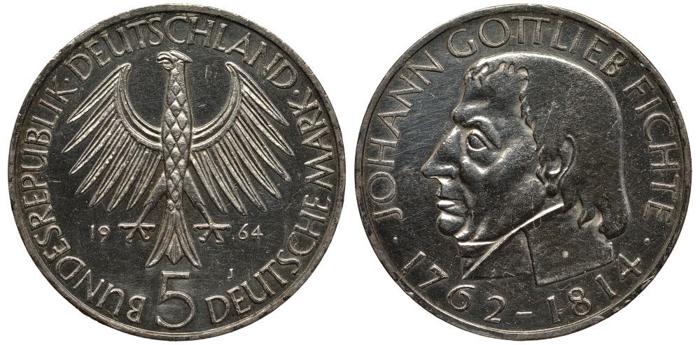 ФРГ 5 марок 1964 J, 150 лет со дня смерти Иоганна Готлиба Фихте J. 393, KM 118.1 серебро 413-1721
