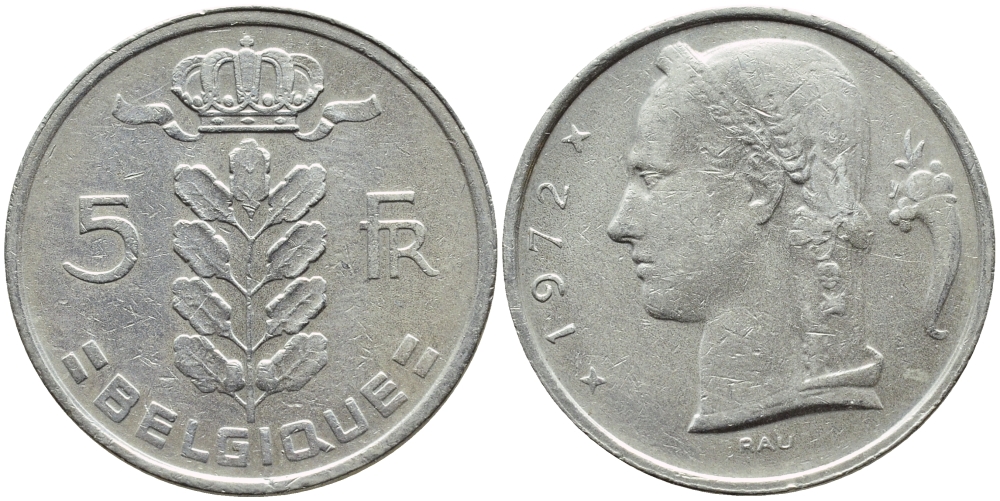 Бельгия 5 франков 1972 Belgique, Бодуэн I (1951-1993) KM 134.1 медно-никель 4606-1144
