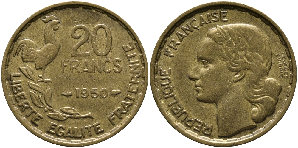 Франция 20 франков 1950 петух, полная подпись, 4 пера KM 916.1, Le Franc 401.3 алюминиевая бронза 4610-613
