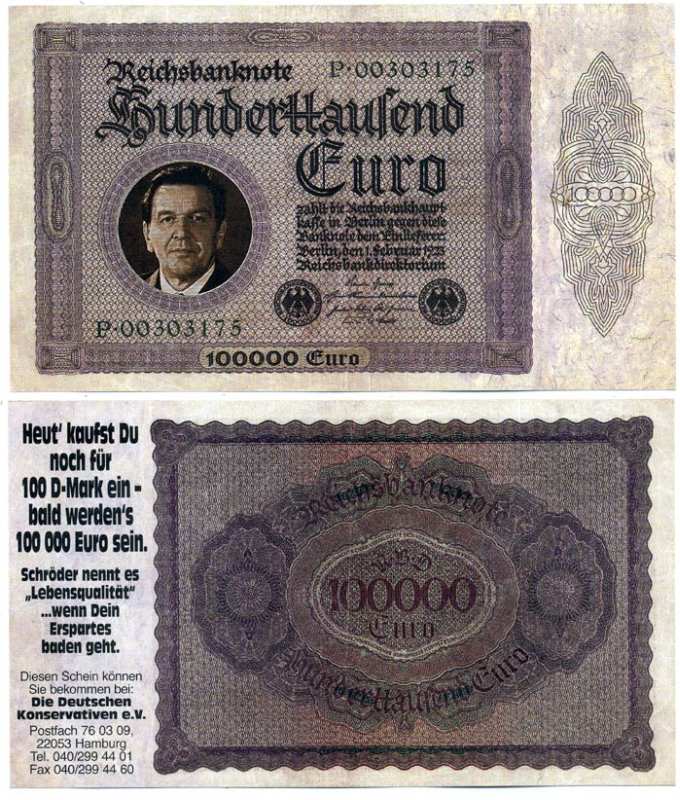 ФРГ 100000 ЕВРО ND СУВЕНИРНАЯ БАНКНОТА, ПОРТРЕТ КАНЦЛЕРА ШРЁДЕРА, ШРЁДЕР НАЗЫВАЕТ ЭТО КАЧЕСТВОМ ЖИЗНИ, ЕСЛИ ТВОИ СБЕРЕЖЕНИЯ УПЛЫВАЮТ бумага UNC (ПРЕСС) 8613-5-1-1