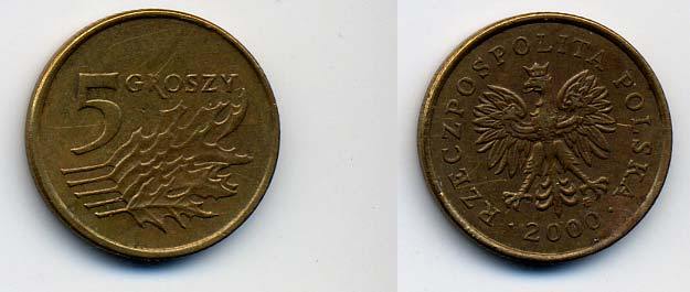 Польша 5 грошей 2000 MW KM 278, Parchimowicz 703g латунь 58-1214
